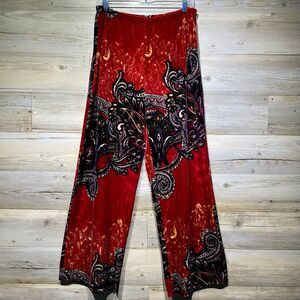 Velvet Pull On Stretch Pants Wide Leg Paisley Print Size Large Boho Artsy Multi